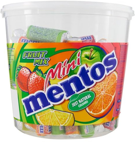Mentos Mini, Caramelle Confettate, Gusto Fragola, Mela, Arancia, Limone, Confezione da 120 Mini Roll Incartati Singolarmente, Secchiello Ottimo da Condividere per Feste, Compleanni