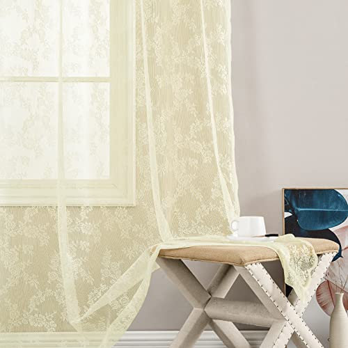 TOPICK Spitzen Gardinen Transparent H 175 x B 150 (cm) 2er Set Lace Vorhänge Schal Rose Gardine mit Ösen Durchsichtig Vorhang für Wohnzimmer Esszimmer Schlafzimmer Beige