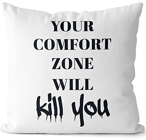 JUNIWORDS Kissen, Your Comfort Zone Will Kill You, 40 x 40 cm, 2-farbig, Weiß-Hellbraun