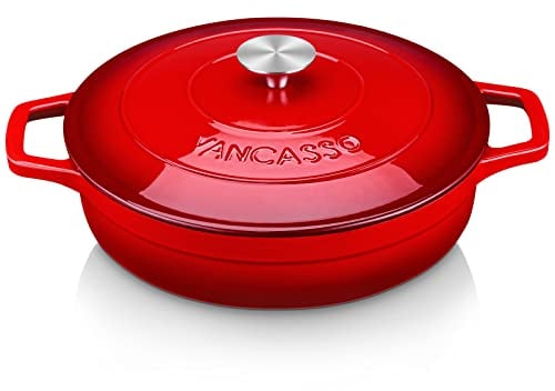 vancasso Runder roter Kasserolle aus emailliertem Gusseisen, 3 l, Kochtopf mit Deckel, Dutch Oven geeignet für alle Wärmequellen, für Haus, Restaurant, Hotel, 28 x 7 cm