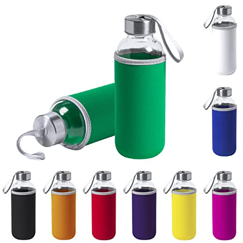 TIENDA EURASIA® Pack de 2 Botellas de Agua Cristal con Funda de Neopreno, 420 ml de Capacidad, con Tapon a Rosca y Cinta de Transporte, Bidon perfecto para Colegio, Camping, Ejercicio, Color Verde