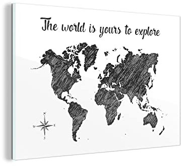 MuchoWow Glasbild Glasfoto Wandbild Bilder Deko 90x60 cm Weltkarte - Zitat - Schwarz - Weiß