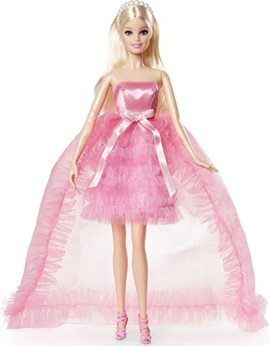 Barbie Birthday Wishes Doll con Capelli Biondi e Abito in Raso e Tulle Rosa, Regali per Occasioni Speciali e da Collezione