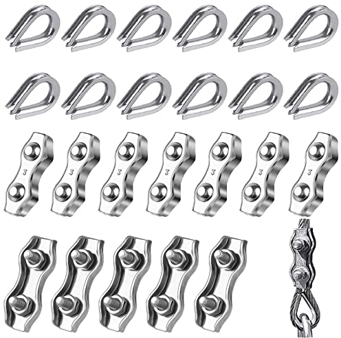 Weploda 24 Pièces serre cable acier 3mm, serre cable inox, tendeur cable inox, Pour la fixation d'auvent de corde à linge (12 * dé à coudre, 12 * clip duplex)