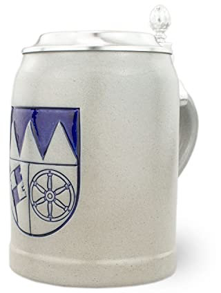 Bavariashop | PREMIUM Bierkrug Unterfranken | Handgefertigter, bayerischer Bierkrug | Krug mit Zinndeckel | Unterfranken Wappen | 0,5 Liter