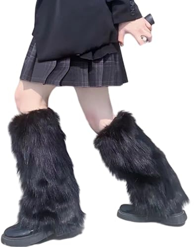 Suxgumoe Leg Warmers for Women, Faux Fur Leg Warmers Furry Long Boot Cuffs Cover Leg Socks Party Costumes Accessories for Ladies Girls (Black)