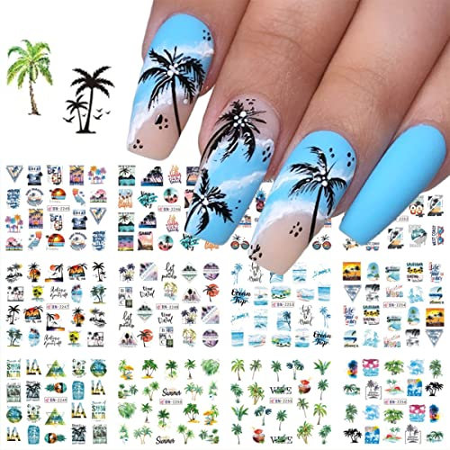 12 Blätter Sommer Palme Nagelaufkleber Strand Kokosnuss Nagelabziehbilder für Nägel Kunst Hawaiian Tropical Style Design Fingernagel Tattoos DIY Wasser Transfer Maniküre Abziehbilder Dekoration