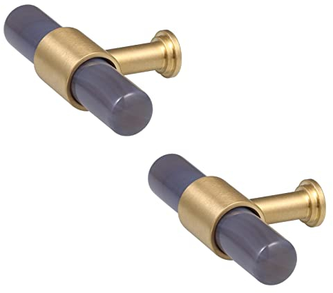 mookaitedecor Satz von 2 T-Bar Kristall Schublade zieht Griffe mit Schrauben, gebürstetem Messing Stein Knöpfe für Schrank Küche Kommode Dekoration, Achat