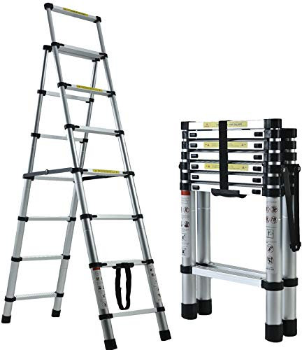 Telescoping Step Ladder Aluminum Folding Stepladder 6+7 Steps Max 150kgs Capacity A-Frame Multipurpose Ladder for Indoor and Outdoor Household