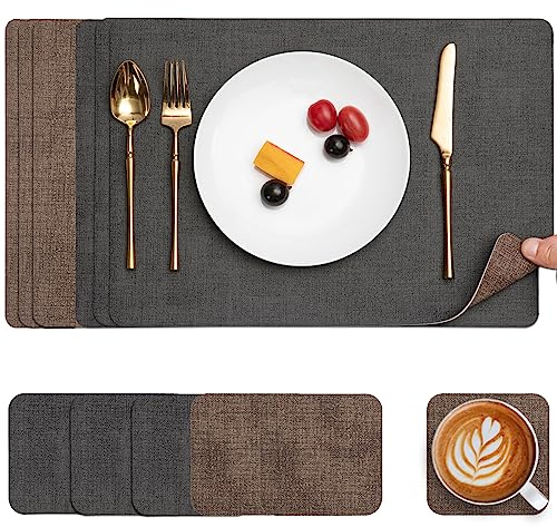 Myir JUN Tischsets Abwaschbar Leder und Untersetzer, Doppelseitigen Platzset 6er Set rutschfest Platzdeckchen Leder Kunstleder Tischset (Grau Braun, 6er Set)