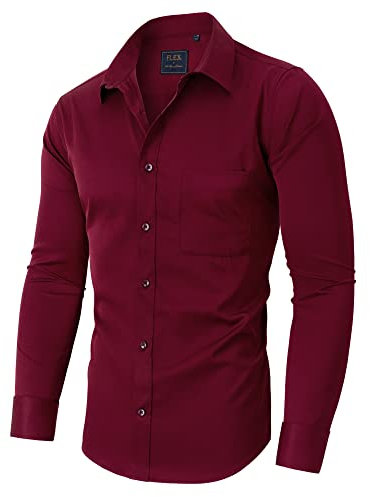 siliteelon Men Shirts Non Iron Business Shirt for Men Adult Burgundy Cotton Men's Dress Formal Regular Fit Button Down Shirt Stretch Mens Shirts Long Sleeve Work, Office, Wedding, Party,Concer