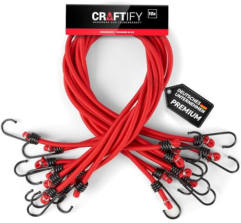 CRAFTIFY® Spanngummis | Expander 60cm - 10er Set rot - Extra Starke Spanngummis mit Haken zur Befestigung - Gepäckspanner für Fahrrad, Transport, Camping, Ladungssicherung und Handwerk