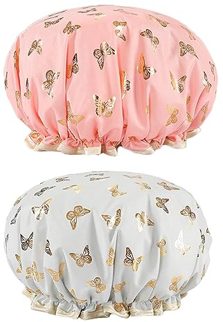 Belegao 2pcs Bath Caps with Elastic Band - Double Layers Shower Cap Waterproof Oilproof Ruffled Covering Ears 27cm Wide Cute Printed for Adults and Kids