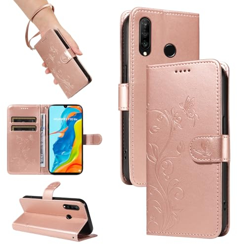 SRISHP Cover per Huawei P30 Lite, Magnetica Cover a Libro con Slot per Schede, Custodia in PU Pelle Portafoglio per Huawei P30 Lite, Oro Rosa