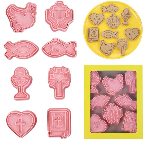 TONAUP Religious Christening Biscuit Mould Set, 8PCS Christian Cookie Cutters, 3D Cookie Cutters with Goblet Holy Chalice for Easter, Religious Baptism, Communion, Halloween, Christmas