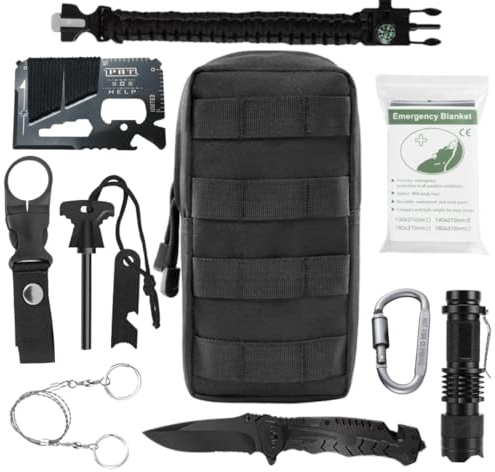 Kit de Survie - Sacoche Militaire - Les Essentiels - Bracelet Paracorde - Couteau Pliant Multifonction - Allume Feu - Lampe Torche...
