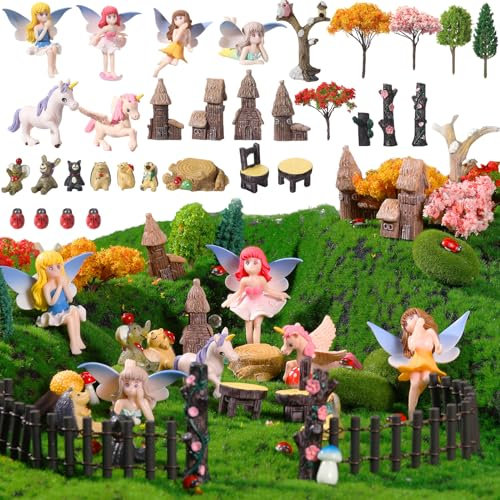 Miniatur-Garten-Set, Blume, Engel, Feenhaus, Tiere, Bäume, Diorama, Zubehör, Feendorf, Mini-Terrarium, Figuren, Mikro-Landschaft, Ornamente für Heimwerker, Gartendekoration, Sukkulenten,