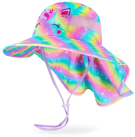 MHJY Sonnenhut Kinder Sonnenmütze Mädchen Hut Sommer UV Schutz 50 Mützen Einhorn Anglerhut Breite Krempe Kappe mit Nackenklappe Kleinkind 2-9 Jahre