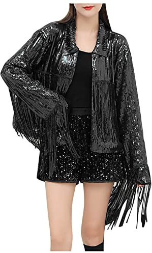 KAREN66 Damen Pailletten Cardigan Jacke Langarm Party Club Glitzer Sequin Quaste Bomberjacke Fliegenjacke Bikerjacke Outwear Fasching Karneval Kostüm (Schwarz, Einheitsgröße)
