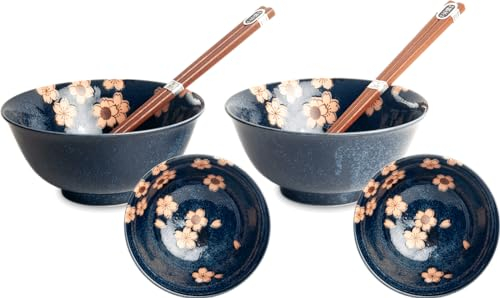 2 personnes - Ensemble bol Udon - Bleu Hana - Ensemble de vaisselle japonaise - Ensemble de bols à soupe - Ensemble de bols à soupe - Ensemble de bols de service - Set de bols de service - Miso - Bols