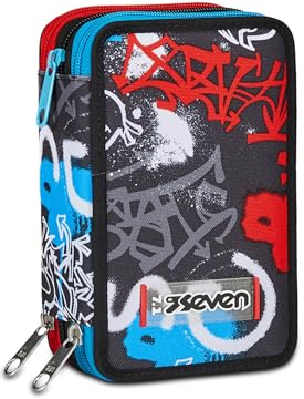 Seven Federmäppchen, Mäppchen, Mehrfarbig, Federtasche für Schreibwaren, Etui komplett mit Bleistiften, Filzstiften, Schulmaterial, mit 3 Fächern, Mädchen, Schule - Grundschule, XXL rot blau