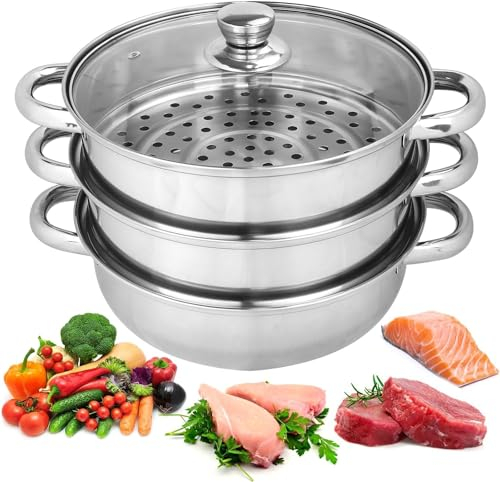 Albert Austin 3 Tier Stainless Steel Steamer Pan Set 25cm Cooking Pot with Vented Glass Lid Vegetable Sea Food Preparation Stackable Design Healthy Kitchen Cooking Easy to Clean Induction Steamer Kit