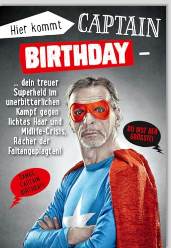 Humorvolle Geburtstagskarte Captain Birthday für den Rentenhelden mit Superhelden-Motiv und witzigen Sprüchen, inklusive Umschlag.
