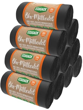 ECOSACK Müllbeutel 20L, 10 Rollen (200 Beutel), schwarz - in der EU produziert aus recycelten Folien und mit erneuerbarer Energie hergestellt