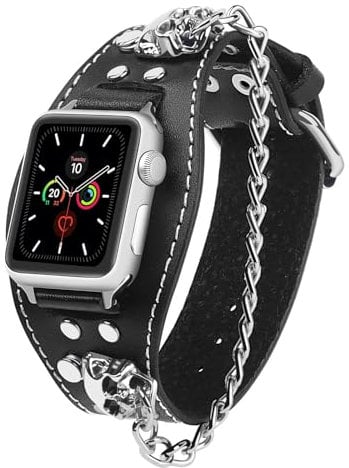 Vikoros Genuine Leather Band Compatible with Apple Watch Ultra 2/Ultra SE Series 9 8 7 5 Bands 40mm 41mm 38mm Men Women Wrist, Skull Sport Leather Strap Bracelet Replacement Bands for iWatch Ultra