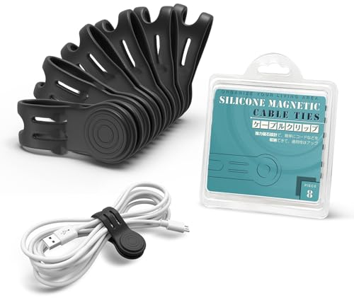 Kcmell Magnetic Cable Ties 8 Pieces, Black Reusable Cable Ties Cable Organisers Magnetic Cable Clips Silicone Cord Organiser Cable Straps for Organizing and Bundling Wires, Earphone, Charger