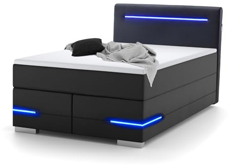wonello Lennox Boxspringbett 140x200 mit LED Beleuchtung und USB Anschlüssen I in Kunstleder Schwarz I Design Bett für Jugendliche und Erwachsene I Bett mit Matratze und Topper