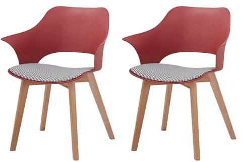 JZGORC Juego de 2 Sillas de Comedor Escandinavas, Silla de Comedor de Estilo Nórdico con Reposabrazos, Patas de Haya, Silla de Cocina Tapizada a Cuadros de Lino - Rojo