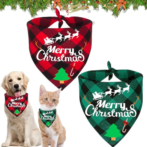 Hundehalstuch Weihnachten, 2 Stück Weihnachtshund Bandanas, Hundehalstuch, Halstuch Hund, Hundekostüm Weihnachten, Hundehalstuch Bandanas, Klassisches Kariertes Hundehalstuch für Katzen Hunde