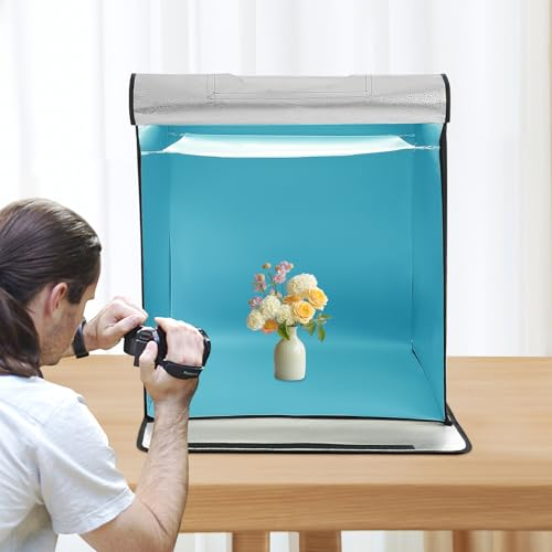 Fotostudio Lichtbox Set 60 x 60 cm, Faltbare Fotobox Lichtbox Lichtwürfel Profi Fotografie Lichtzelt Dimmbare mit 5500K Bewegliche LED Lichtleisten, 5 Hintergründe für Produktfotografie