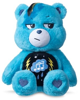 Basic Fun Care Bears 22cm Rock Theme Plush – Grumpy Bear Eco-Friendly Soft Toy with Lightning Belly Badge – Collectible Plush for Kids & Fans, Blue, 14