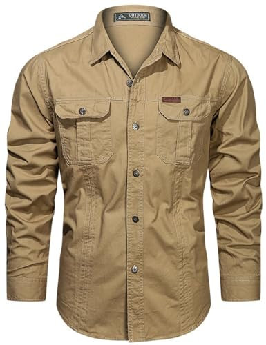 PADOLA Hemd Herren Baumwolle Hemden Langarm Slim Fit Cowboyhemd Stehkragen Westernhemd Taktisches Hemd Outdoor Arbeitshemd Safarihemd Einfarbige Freizeithemden (2 Khaki, 2XL)