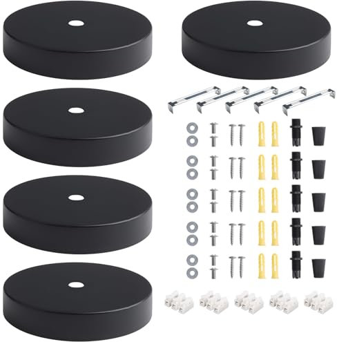 Laitejituan 5 Pièces Auvent de Plafond en Métal, 100 x 20 mm Rosace Plafond Cache Fil Noir, Cache Fil pour Lustre Plafond avec Accessoire D'Installation pour Salon, Couloir, Lustre de Cuisine