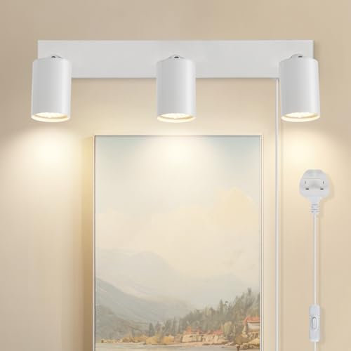 TaFiCo 3 Way White Plug in Wall Lights GU10 - Modern Wall Lamp with Plug 350° Adjustable - 50W Indoor Plug in Wall Light for Bedroom Living Room Kitchen Desk Picture - Bulb Not Included
