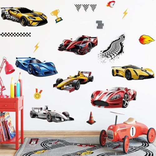 Runtoo Rennauto Wandtattoo Wandaufkleber für Jungenzimmer, Kinderzimmer, Spielzimmer, Babyzimmer