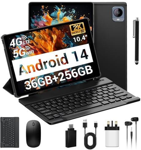 AXETOP 10.4 Inch Tablet Android 14.0, 4G LTE+5G WiFi, 36GB RAM+256GB ROM (1TB Expansion), Octa-Core Processor, 1920x1200 FHD, 8000mAh, 13MP+8MP,BT5.0,GPS,OTG, Tablet with Keyboard丨Mouse丨Stylus - Black