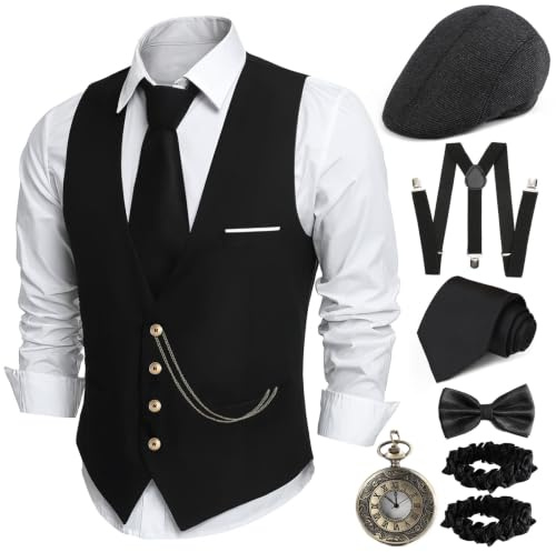 PARTTELY 1920er Herren-Kostüm, brüllende 20er-Jahre-Kostüme für Herren, 1920er-Jahre-Kostüm, Zubehör mit Weste, Hut, Tasche, Uhr, Krawatte, Armband