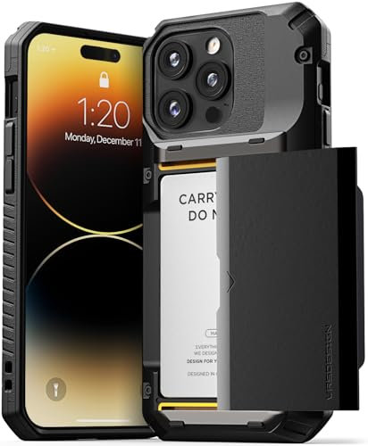 VRS DESIGN Damda Glide Pro Handyhülle für iPhone 14 Pro Max, stabile halbautomatische Brieftasche, [4 Karten] Hülle mit Kartenschlitzhalter, kompatibel mit iPhone 14 Pro Max Hülle (2022), Logo Schwarz