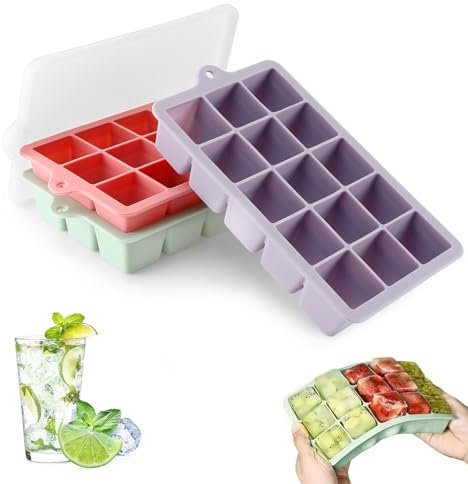 Cubitera de silicona Pavlleen, 3 unidades, 45 compartimentos, cubitos grandes 3 cm, apilables, con tapa, sin BPA, para cócteles, whisky, helado, café