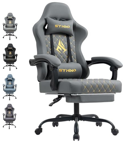 Symino Chaise de Gamer Ergonomique, Chaise Gaming avec Soutien Lombaire Repose-Pieds, Fauteuil de Bureau réglable et pivotant capacité de Charge 150 kg, Cuir PU Gris