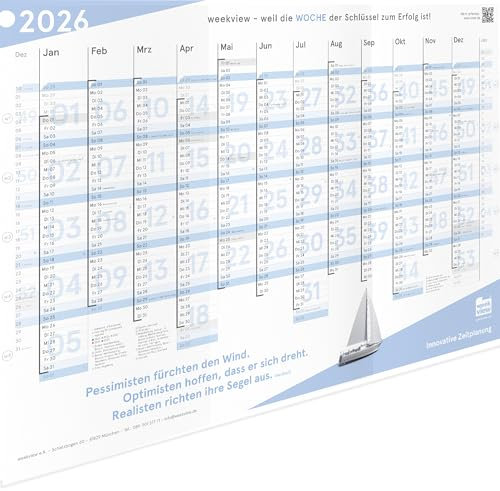 weekview Jahresplaner mit Wochenstruktur DIN A1 blau, Wandkalender mit Ferien, Feiertagen und Zitat, Jahreskalender, Wandplaner | 14 Monate mit klarer Kalenderwoche und Segelboot Motiv