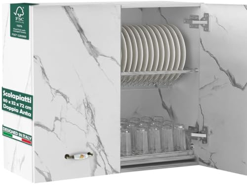 Shally Dogan Pensile Scolapiatti con Vassoio Salvagoccia da Cucina, Mobile a Parete in Legno Resistente, Armadio Sospeso con Due Ante e Due Ripiani, Dimensioni 80 x 32 x 72H cm (Marmo)
