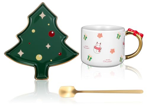 Healifty Lot de 3 tasses de Noël avec soucoupe en forme de sapin de Noël avec cuillère – Gamme de vaisselle festive en céramique pour thé, café, cappuccino, expresso