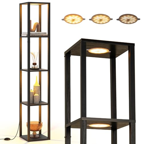 COSTWAY Lampadaire avec Étagères, Lampe Salon en Bois à 3 Niveaux, 3 Bandes LED Réglable à 3 Niveaux, Abat-jour, Interrupteur au Pied, Lampadaire sur Pied pour Salon Chambre Bureau (Style 1)