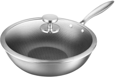 Wok en Acier Inoxydable entièrement en nid d'abeille, cuisinière à Induction, gaz, sauteuse Universelle, Casserole avec Couvercle, diamètre de la Casserole : 34 cm