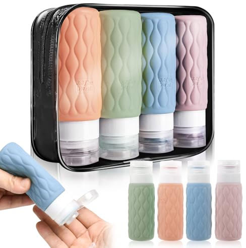4 Pcs Travel Bottles for Toiletries 100ml with Clear Zipper Toiletry Bag | Silicone Travel Bottles Set, Refillable Leak Proof Squeezy Bottles,Suitable for Shampoo Shower Gel Conditioner and Face Cream